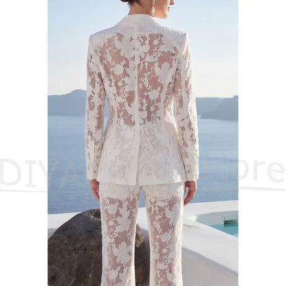White Floral Lace Women Suit Fashion Blazer and Pants Elegant Formal Wedding Evening Party Cocktail Luxury Two Piece Outfit