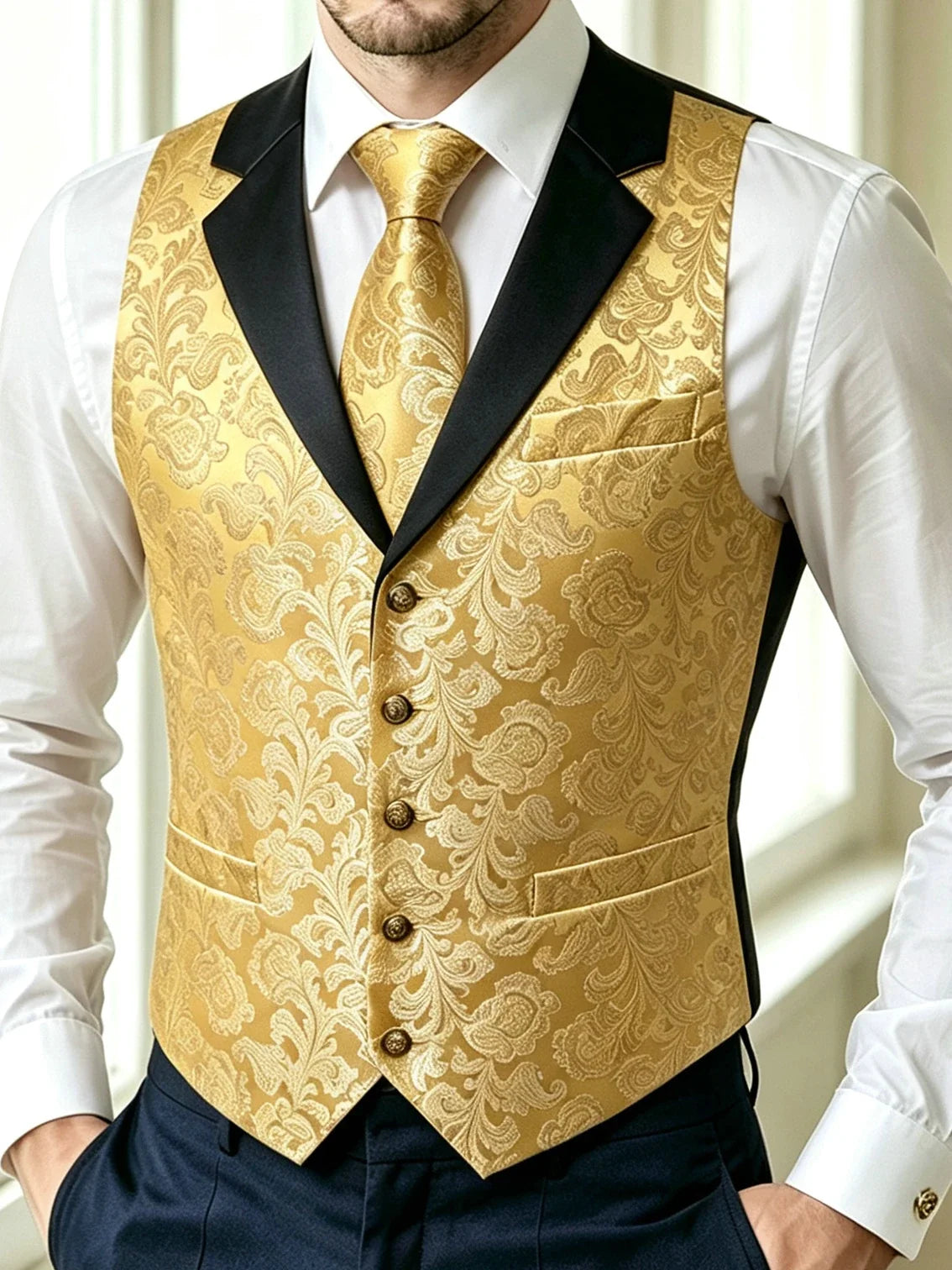 Men's Jacquard Floral Vest & Bowtie Set for Wedding & Formal Events – Yellow