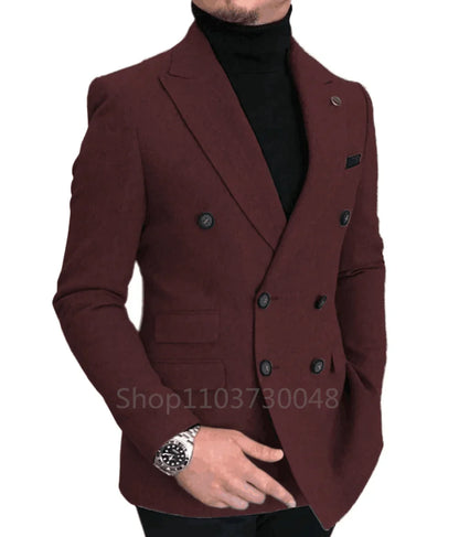 Men's Woolen Blazer Jacket Peak Lapel Double Breated Suit Coat Slim Fit Male Casual Business Wool Men's Jacket For Autumn Winter