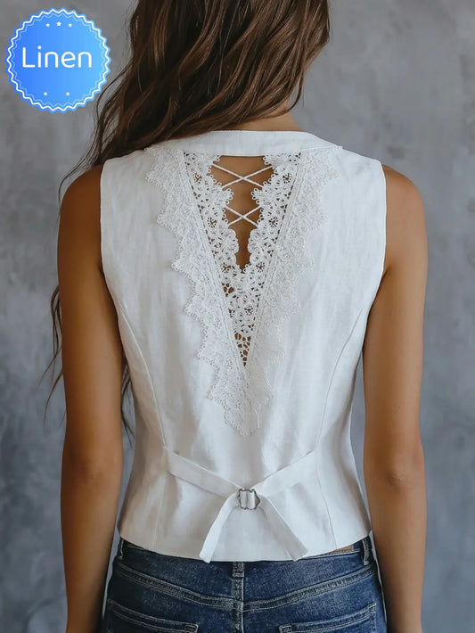 Women's Elegant Linen Vest, New Arrival for Spring Summer & Autumn, Simple Stylish with Lace Spliced Back, Sleeveless Vest, Vers