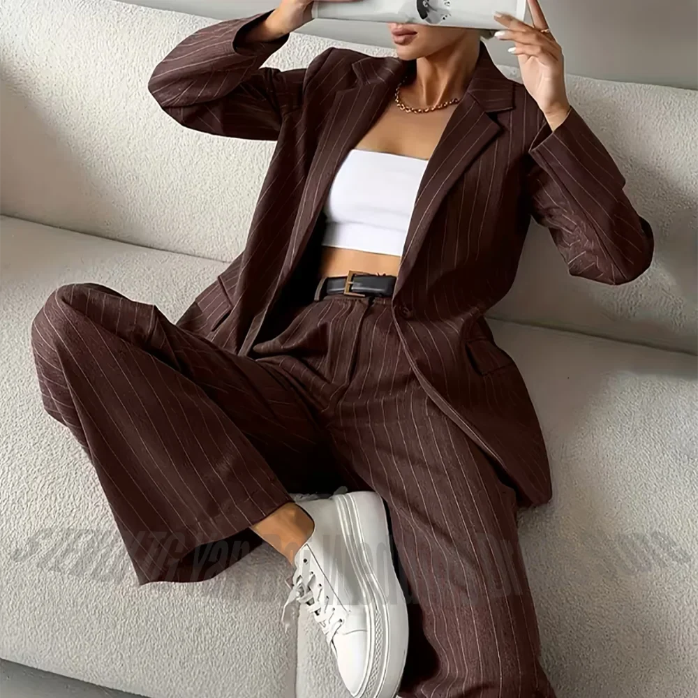 New Women's Brown Sripe Blazer Pants Suit Notch Lapel Back Split Loose Casual Formal Work Two Piece Set Fashion Streetwear