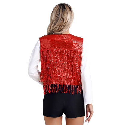 Women's Vest Glitter Tassel Sleeveless Waistcoat V Neck Open Front Shiny Sequins Vests for Jazz Dancing Music Festival Clubwear