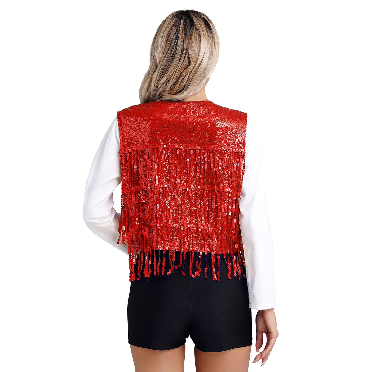 Fashion Sequins Vests Women's Tassel Sleeveless Waistcoat Jazz Dance Costume Shiny Vest 80s Disco Music Festival Party Clubwear