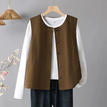 Spring Femme Fashion Vest Outwear Retro Ladies Solid Color Casual Sleeveless Jacket Autumn Women Round Neck Loose Waistcoat Coat