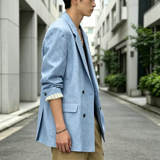 Men's Linen Blazer Double Breasted Notch Lapel Lightweight Suit Jacket for Business and Casual Wear