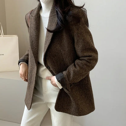 Women's Slim Fit Blazer Autumn Mid-Length Lapel Coat Contrast Cuff Detail Elegant Office & Commute Outerwear