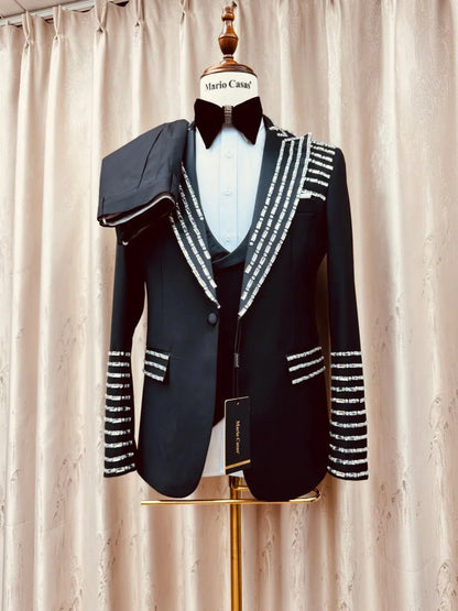 Fashion Crystal Men's Suits 3 Pieces Wedding Party Wear High Quality Man Peak Lapel Suit Set Stage Performance Costumes S-3XL