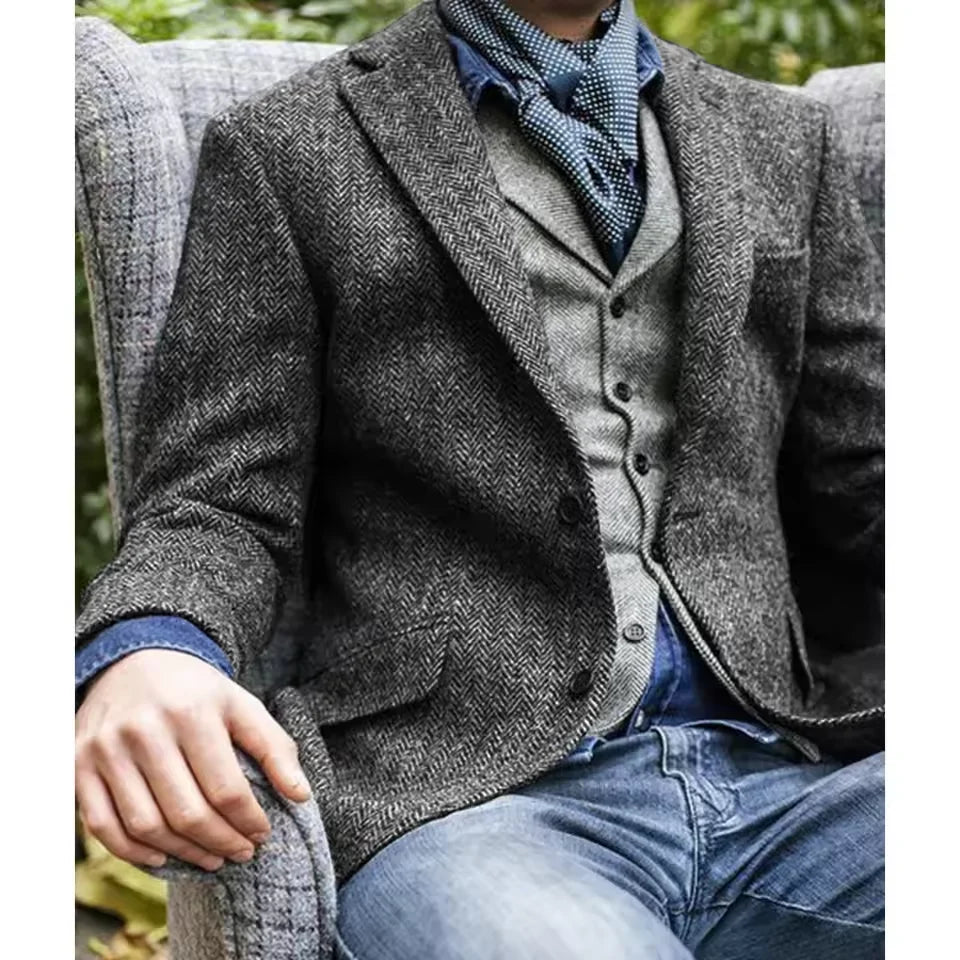 Mens Blazer Herringbone Single Breasted Casual Jacket Fashion Comfort Business Suit Slim Fit Tapered Waist Elegant Mens Jacket