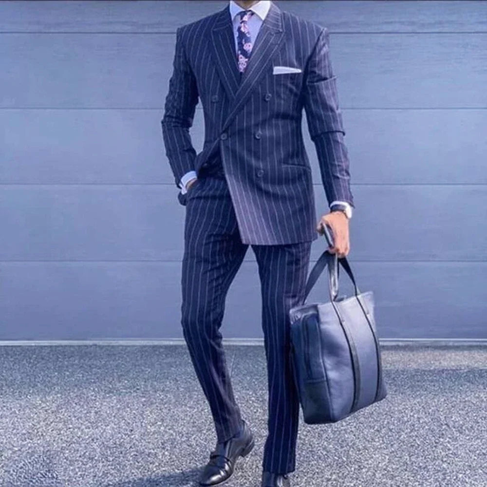 Navy Blue Striped Men Suits Slim Fit Peak Lapel Double Breasted Balzer Pants Office Wedding Groom Tuxedos 2 Piece Business Set