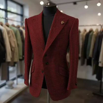 Formal Men's Jacket Houndstooth Woolen Brown Blazer with Peak Lapel Casual Wedding Business Party Coat Autumn Winter Customized