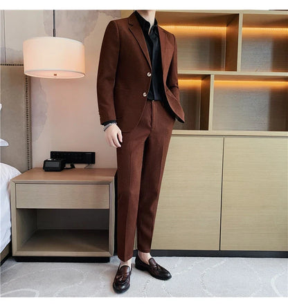 2025 New Waffle Blazers +Pant 2 Piece Set Men Fashion Business Slim Fit Solid Tuxedo Groom Wedding Prom Wear Casual Men's Sets