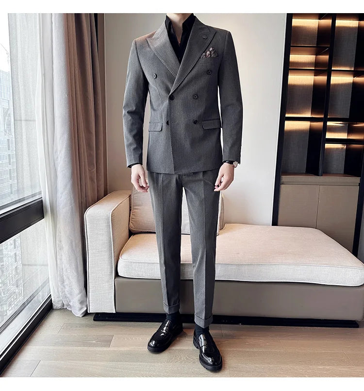 (Blazer + Trousers) Fashion Double Breasted Design Slim Men's Suit Italian Style Luxury Wedding Social Party Tuxedo 2 Piece Set