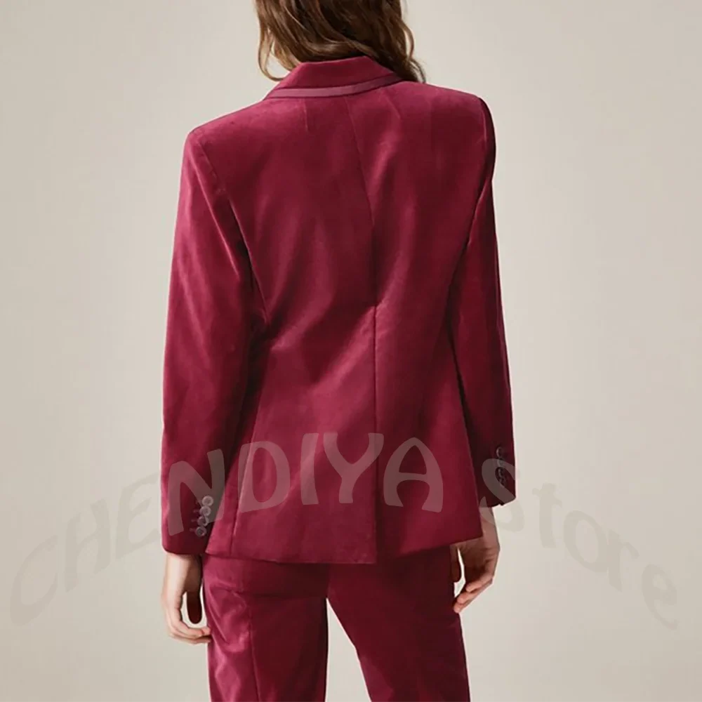 Women's Tailoring Set 2 Pieces Velvet Jacket Pants High Quality Office Notch Lapel Single Breasted Formal Business Trouser Suits