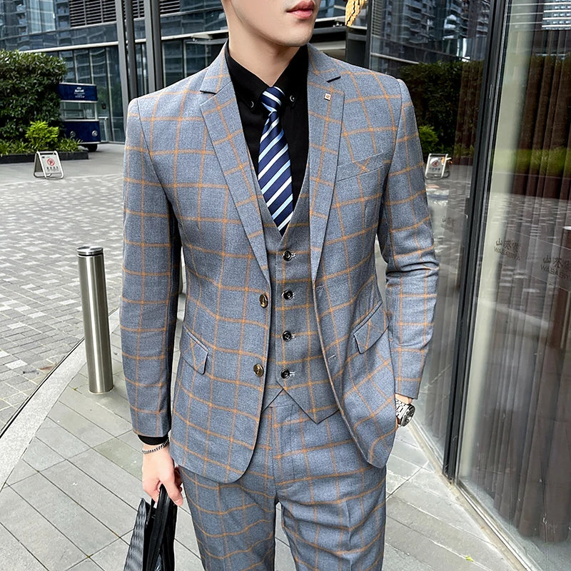 Men's Plaid Three-Piece Suit – Slim Fit Wedding & Business Set with Vest and Trousers