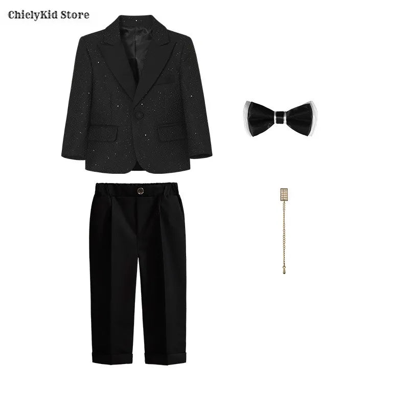 High Quality Boys Shiny Wedding Suits Kids Morning Coat Formal Dress Child Tuxedos Blazer Clothes Sets Toddler School Uniforms