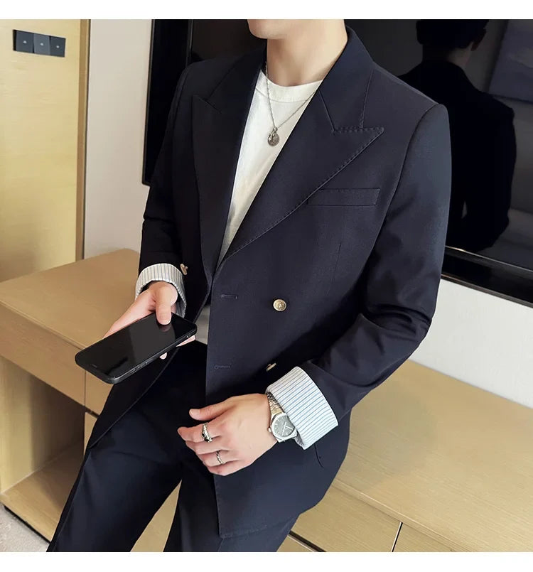 Korean Style Double Breasted Suit Jacket for Men Fashion Casual Business Suit Jackets Office Social Banquet Blazer Masculino