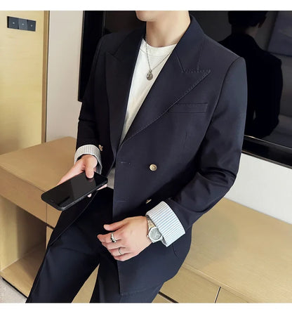 Korean Style Double Breasted Suit Jacket for Men Fashion Casual Business Suit Jackets Office Social Banquet Blazer Masculino
