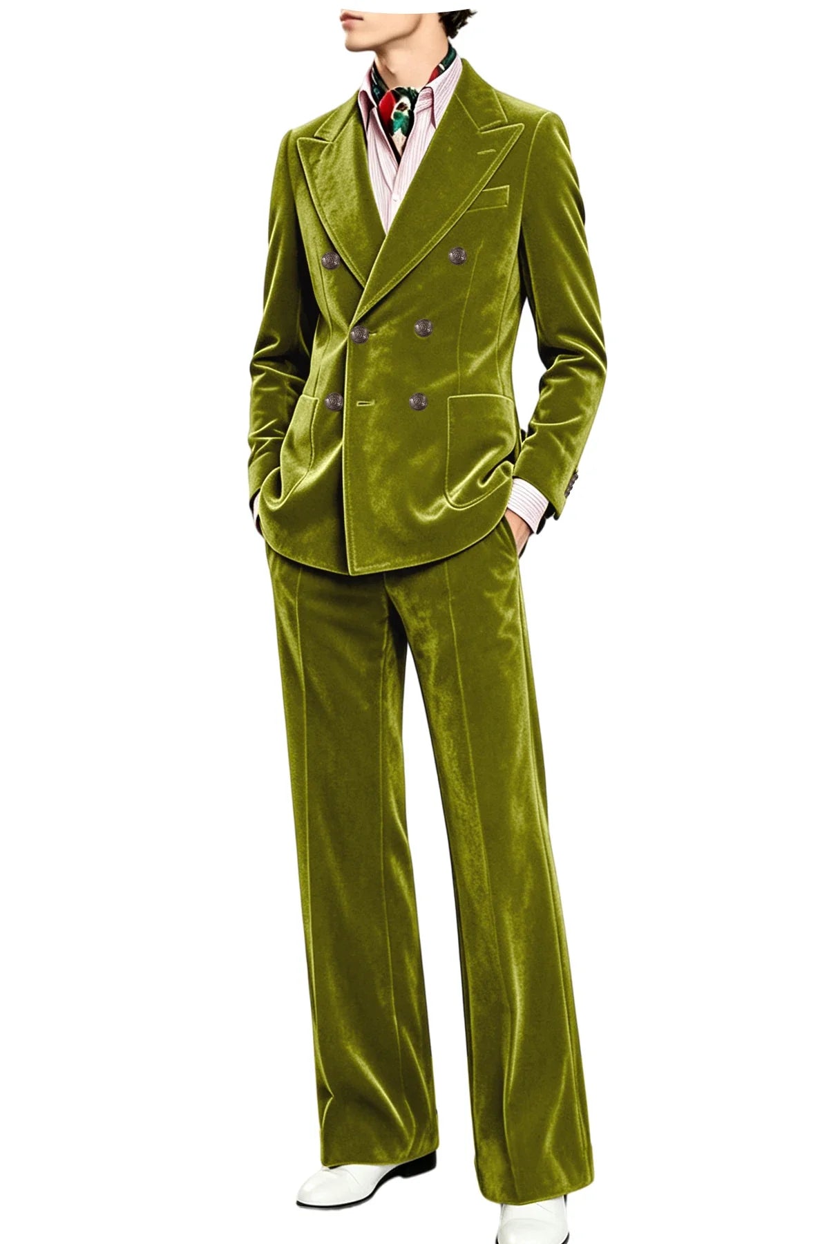 Men's Velvet Suit 2 Piece Double Breasted Peak Lapel Blazer & Straight Leg Pants for Formal & Wedding