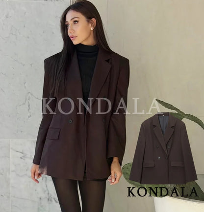 Elegant Commute Double Breasted Blazer Women Trendy Vintage Brown Blazer with Shoulder Pads 2026 Spring Chic Lady Blazer