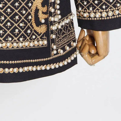 Autumn New Women's Elegant Fashion Luxury Heavy Craft Beaded Printed Coat Stylish V-neck Long Sleeve High-end Blazer HK8297