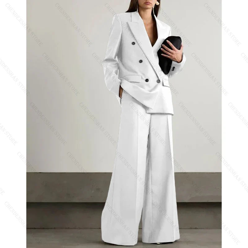 Chic Loose Dark Brown Double Breasted Women Pants Set High-end Female Two Pieces(Jacket+Trousers)أطقم بناطيل