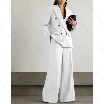 Chic Loose Dark Brown Double Breasted Women Pants Set High-end Female Two Pieces(Jacket+Trousers)أطقم بناطيل