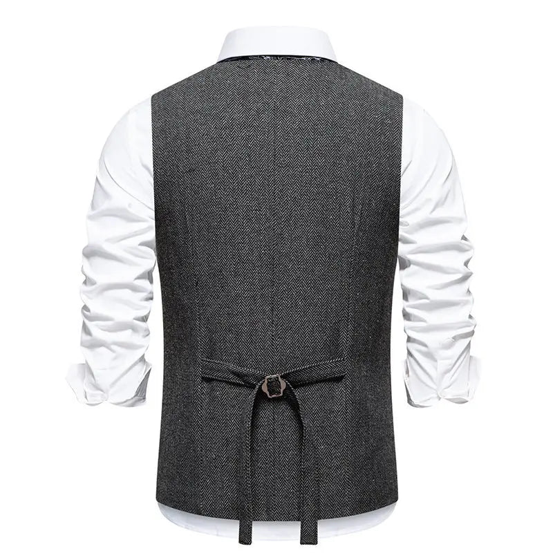 Men's Triple-Breasted Herringbone Tweed Vest – Retro Fake Two-Piece Waistcoat for Weddings & Smart-Casual Occasions