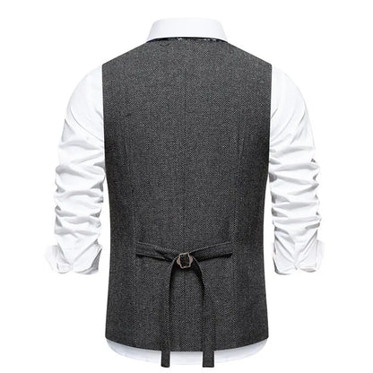 Men's Triple-Breasted Herringbone Tweed Vest – Retro Fake Two-Piece Waistcoat for Weddings & Smart-Casual Occasions