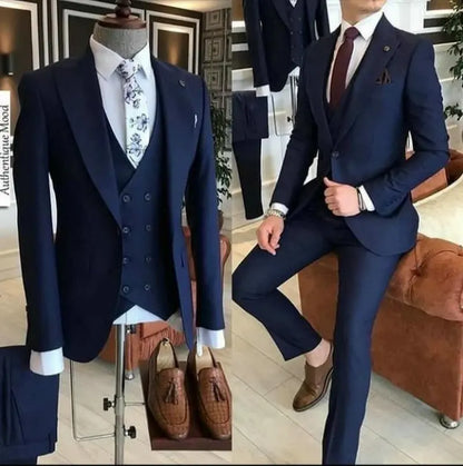 Navy Blue 3 Pieces Groom Tuxedos Groomsmen Mens Wedding Suits Prom Dress Casual Men Suits (Jacket+Pants+Vest)