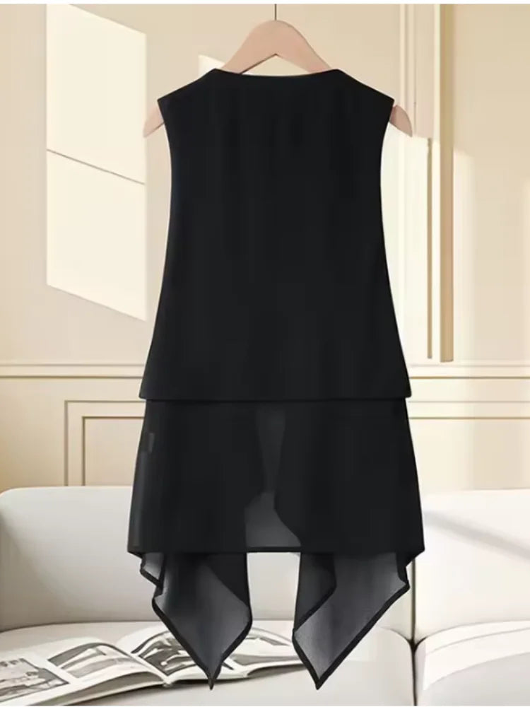Korean Chiffon Mid-length Vest Women's Thin Coat 2026 New Summer Slim Sleeveless Suit Jacket Fashion Waistcoat Cardigan Tops