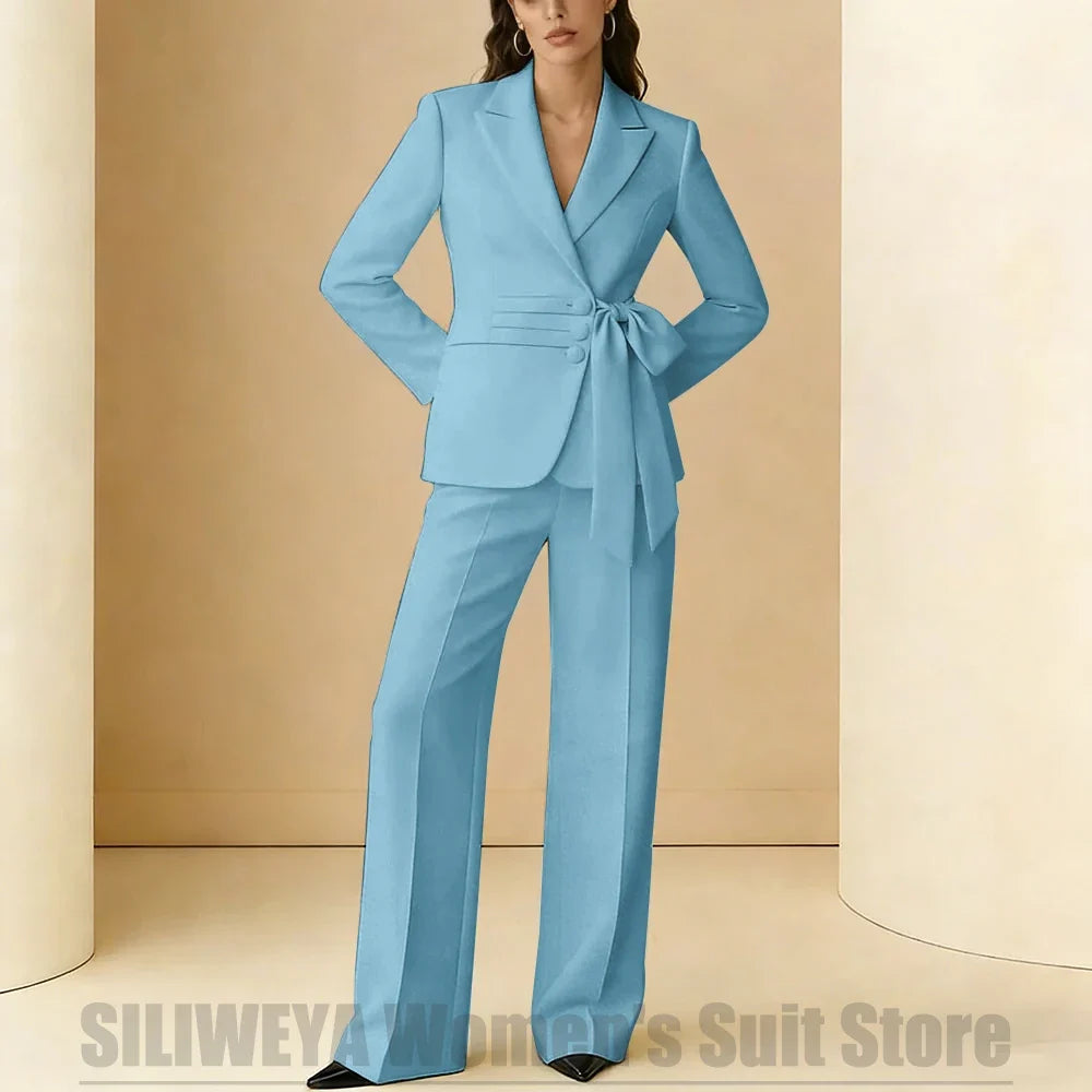 Women's Suit 2 Piece Bow Belt Design Formal Outfit for Wedding Party Prom Office Fashion Peak Lapel Daily Casual Lady Suits