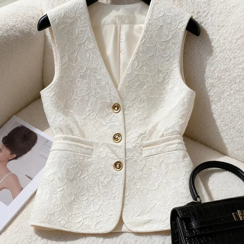 Elegant White Jacquard Waistcoat Vest For Women V‑neck Fit Waist Decorative Sleeveless Blazer Office Commuter Tailored Outerwear