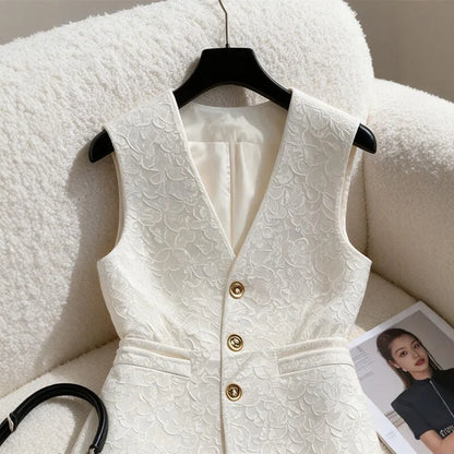 Elegant White Jacquard Waistcoat Vest For Women V‑neck Fit Waist Decorative Sleeveless Blazer Office Commuter Tailored Outerwear