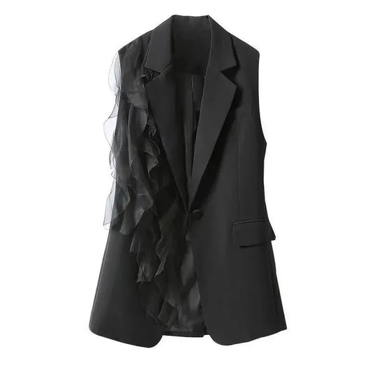 2025 New Black Suit Vest Female Summer Korean Fashion Stitching Chiffon Sleeveless Blazers Waistcoat Women Jacket Outerwear Tops
