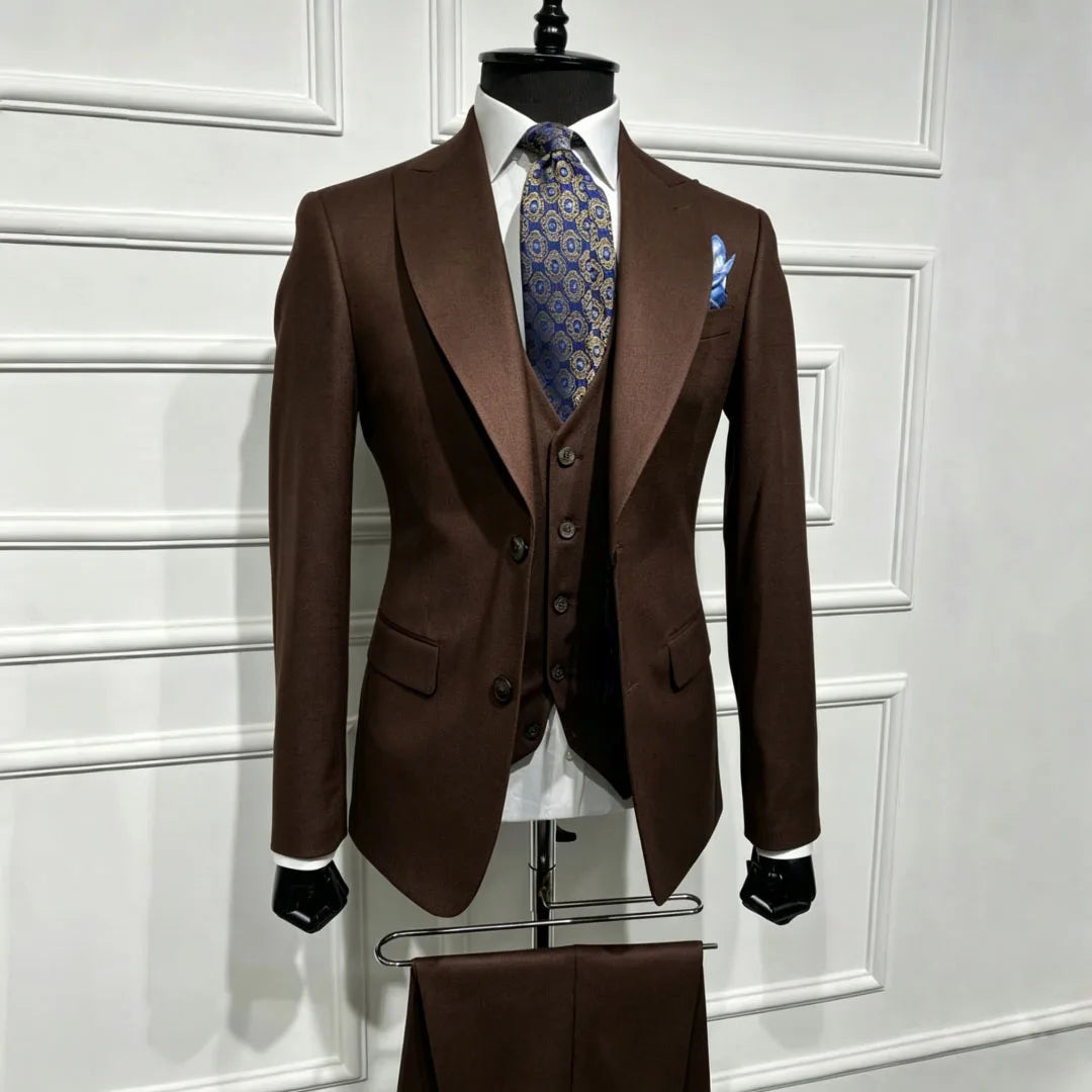 Men Suit Brown 3 Piece With Lapel Single Breasted Solid For Wedding Groom Birthday Banquet Party Business Work Jacket Vest Pants