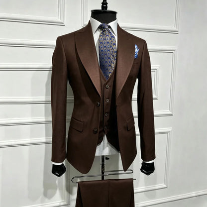 Men Suit Brown 3 Piece With Lapel Single Breasted Solid For Wedding Groom Birthday Banquet Party Business Work Jacket Vest Pants