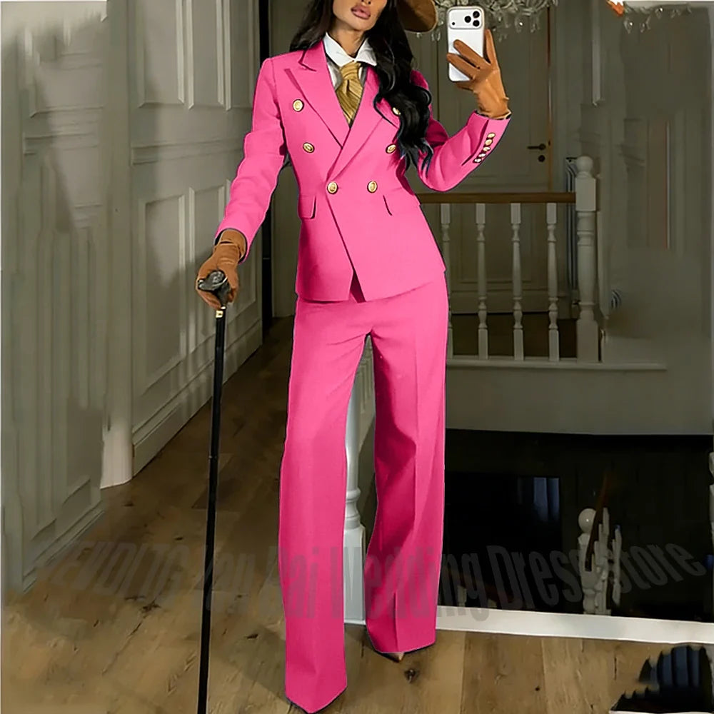 Navy Blue Women's Suit Regular Fitted Customized Peaked Lapel Blazer Professional Outfit(Jacket+Pants) Office Lady Daily Set