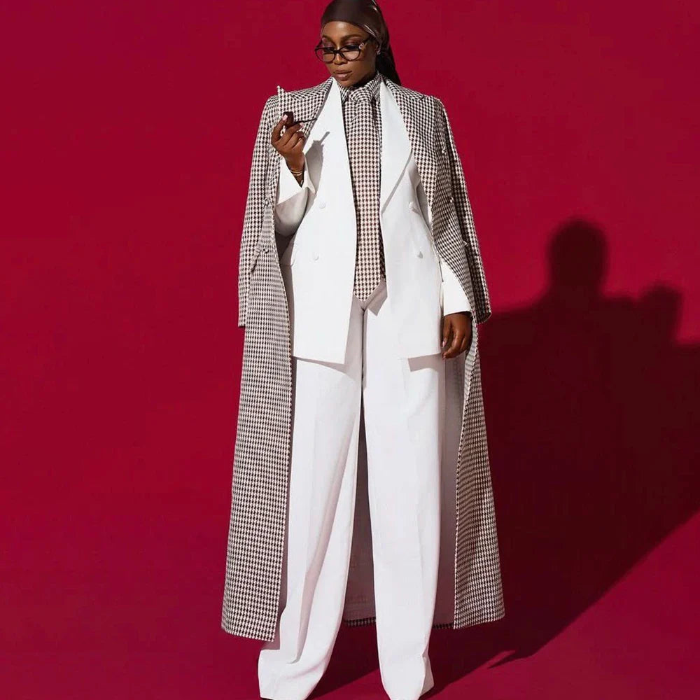 Luxury Women's Houndstooth Long Coat Suit Double Breasted Oversized Trench 3 Piece(Overcoat+White Jacket+Pants) Set