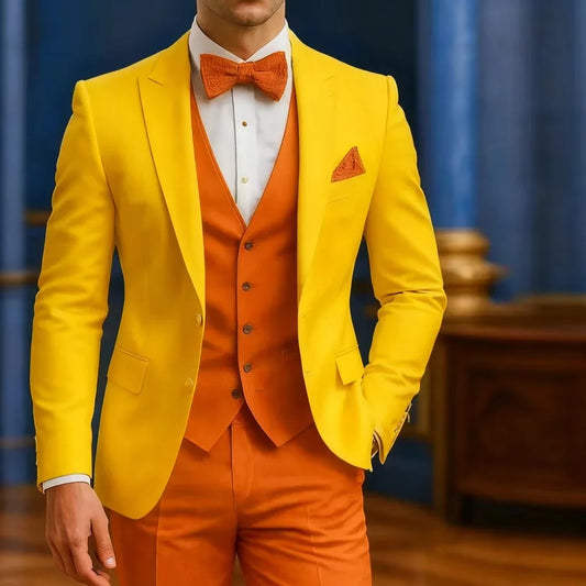 Costume Homme Jaune/Orange à Revers Pointus 3 Pièces Mariage/Affaires (Veste Pantalon Gilet) pour Fêtes à Domicile et Événements