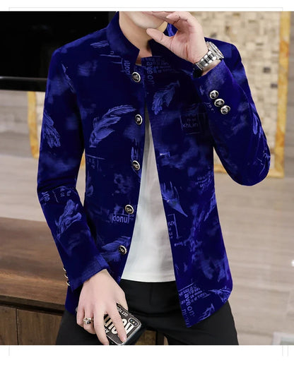 Luxury Retro Velvet Suit Jacket for Men Fashion Slim Fit Stand Collar Blazer Masculino Casual Business Wedding Dress Coat 2023