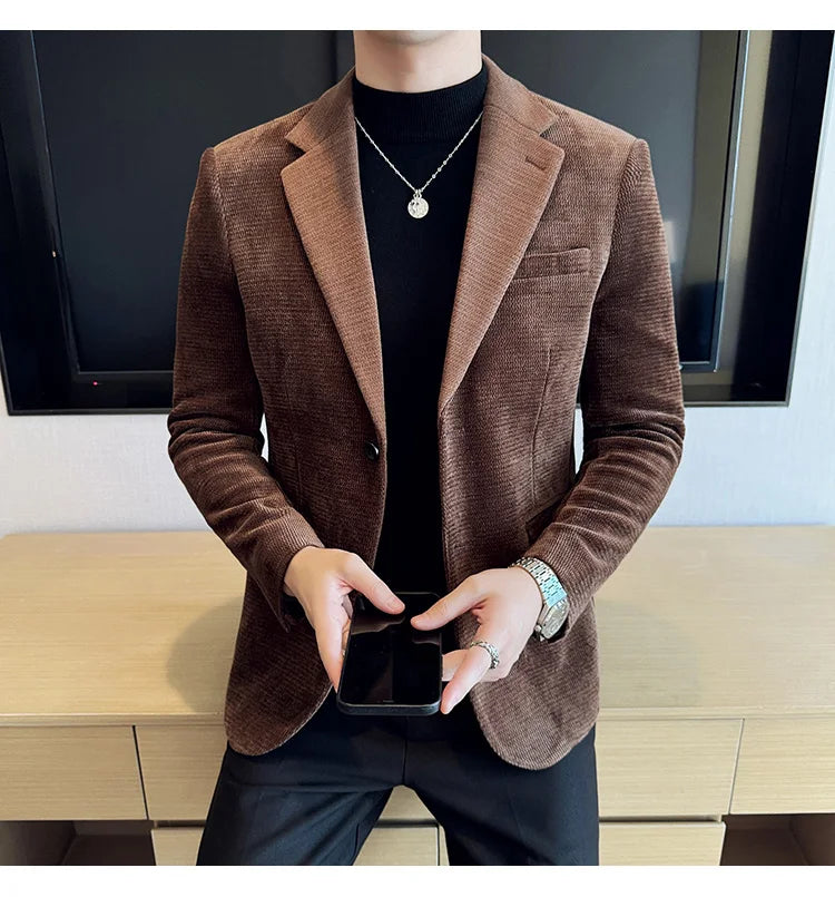 2025 Autumn Winter Velvet Suit Jacket Men Casual Business Blazers Wedding Groom Social Banquet Party Formal Blazer Men Clothing