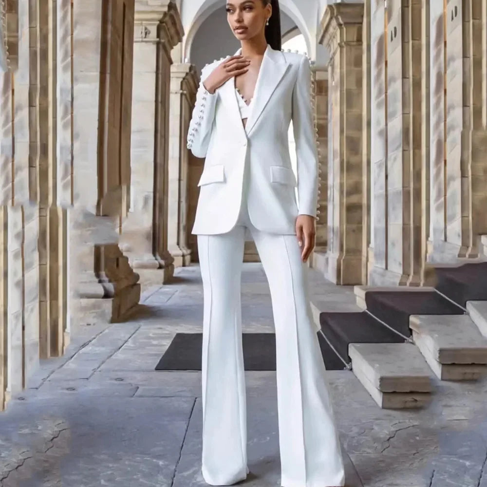 Fashion White Women Pants Sets Elegant Pearls Single Button Peak Lapel 2 Piece Chic Party Formal Solid Suits (Blazer+Pants)