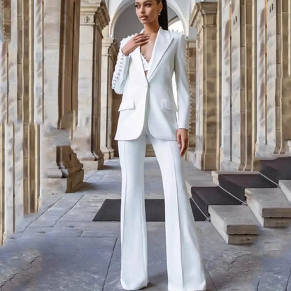 Fashion White Women Pants Sets Elegant Pearls Single Button Peak Lapel 2 Piece Chic Party Formal Solid Suits (Blazer+Pants)