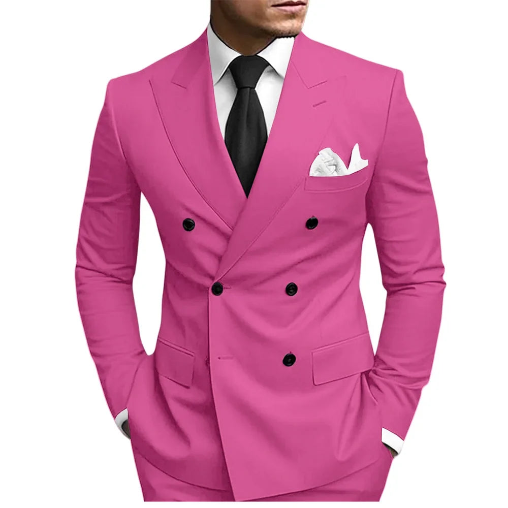 Classic Solid Suit Set 2 Pieces Jacket Pants For Men Wedding Groom Sets Double Breasted Men's Suits Banquet Tuxedo Wear XS-5XL