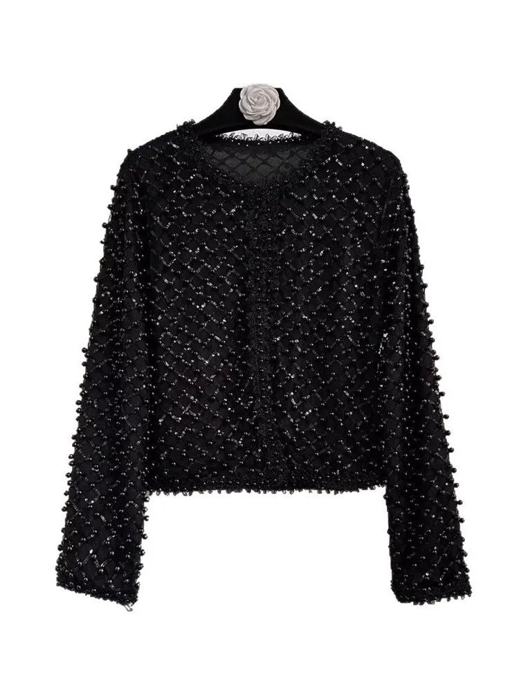 High Street Embroidered Flares Patchwork Mesh Jacket Long-sleeved O-Neck Slim-fit Pearl Jackets 2026 Women Coat 2026 New