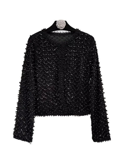 High Street Embroidered Flares Patchwork Mesh Jacket Long-sleeved O-Neck Slim-fit Pearl Jackets 2026 Women Coat 2026 New
