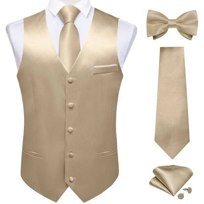 Men's Satin Suit Vest Set with Necktie Bow Tie Handkerchief and Cufflinks for Wedding and Formal Occasions