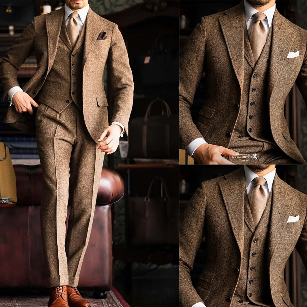 Woolen Brown Men Suits 3 Pieces Business Blazer Vest Pants Single Breasted Lapel Wedding Groom Formal Work Party Causal Tailored