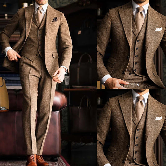 Woolen Brown Men Suits 3 Pieces Business Blazer Vest Pants Single Breasted Lapel Wedding Groom Formal Work Party Causal Tailored
