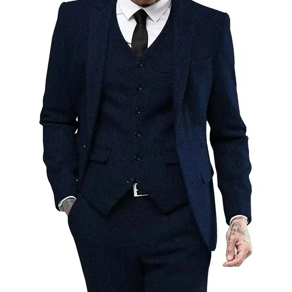 Classic Herringbone Tweed Mens Suits Stylish Vintage Tuxedo Set 3 Pieces Blazer Vest and Pant For Wedding Business Evening Party